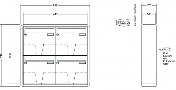 RENZ Briefkastenanlage Aufputz RS2000 Kastenformat 370x330x145mm, 4-teilig, Renz Nummer 10-0-35921